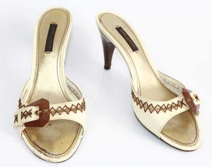 Louis Vuitton Cream & Brown Leather Whipstitch Trim Buckle Heels Size 37/4UK