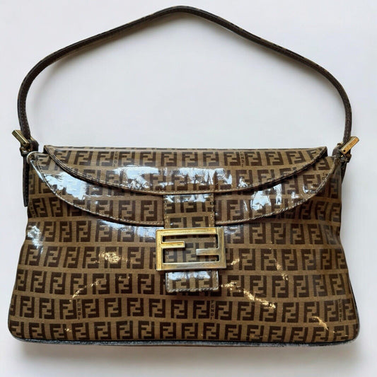 Fendi Brown Monogram PVC Mama Flap Baguette Vintage Shoulder Bag