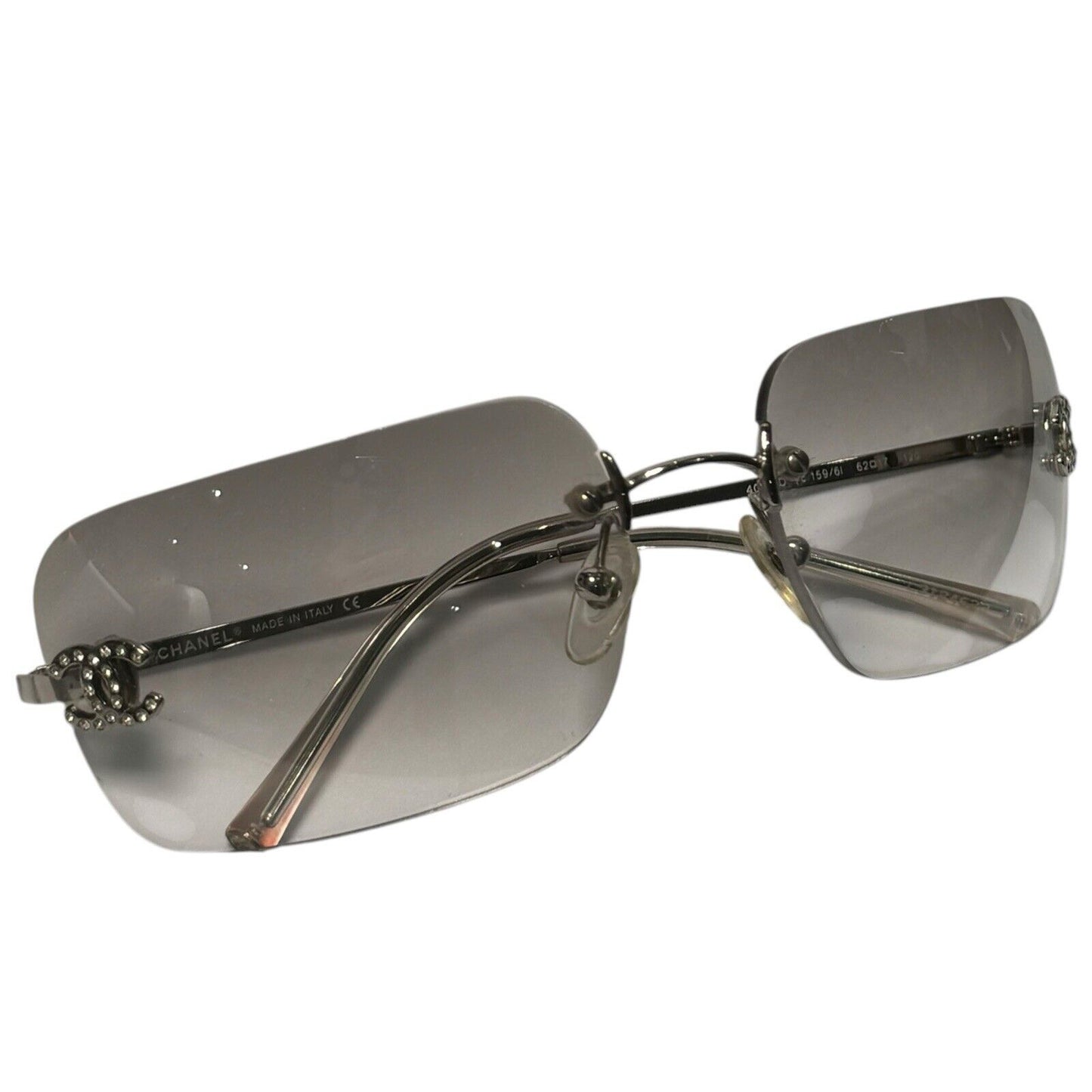 Chanel Rimless Rectangle Diamante Silver Crystals Vintage Sunglasses