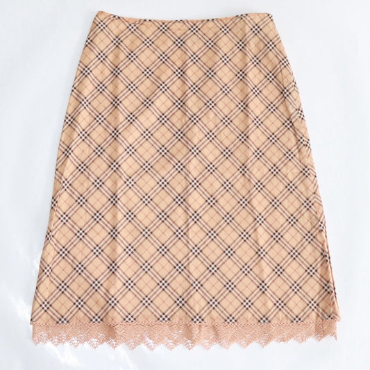 Burberry Vintage Pink Check Midi Skirt Lace Detail Size 36