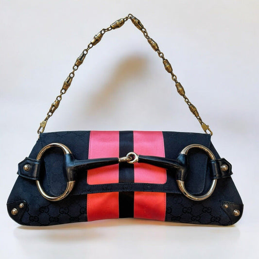 Gucci Horsebit 1955 Pink & Black Monogram Large Vintage Shoulder Bag