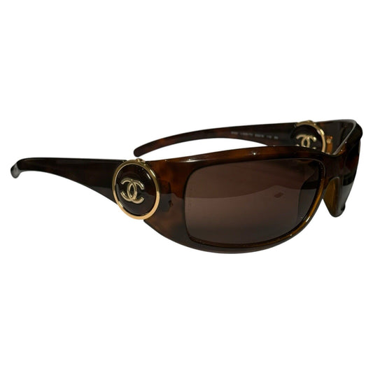 Chanel Logo Wraparound Sunglasses In Tortoiseshell Brown & Gold