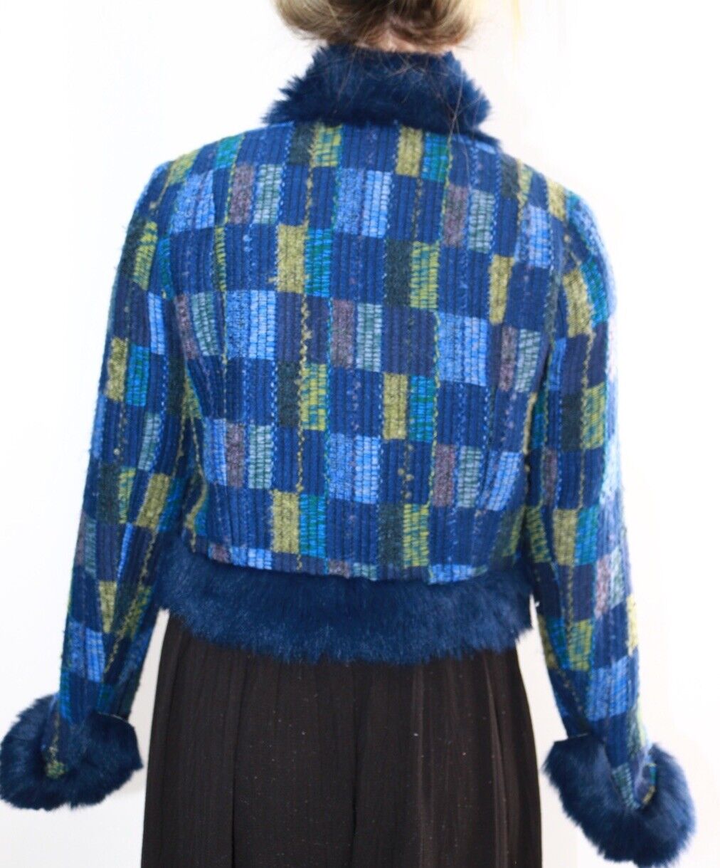 Anna Sui Blue & Green Plaid Vintage Fur Jacket Size Small