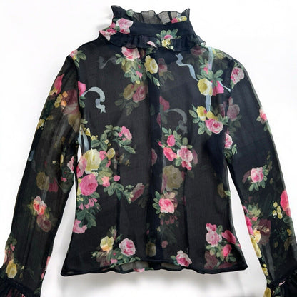 Blumarine Blugirl Black Floral Silk Ruffle Shirt Size IT 44