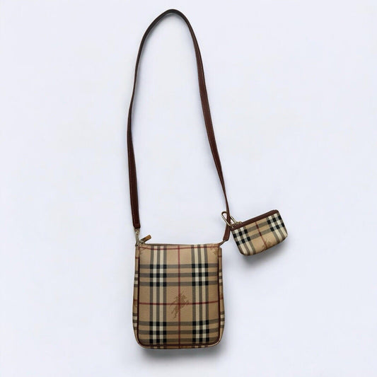 Burberry Beige Check Plaid Vintage Crossbody Bag & Wallet Set