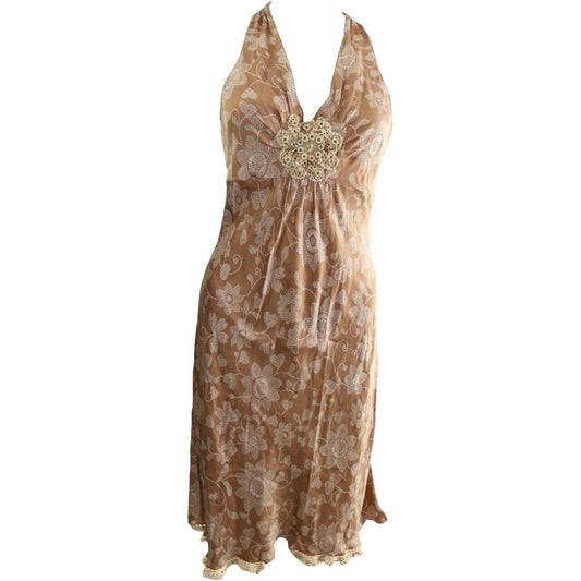 Moschino Brown Floral Silk Beaded Midi Vintage Dress Size 40