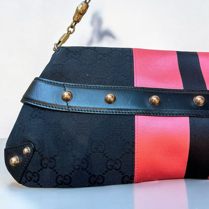 Gucci Horsebit 1955 Pink & Black Monogram Large Vintage Shoulder Bag