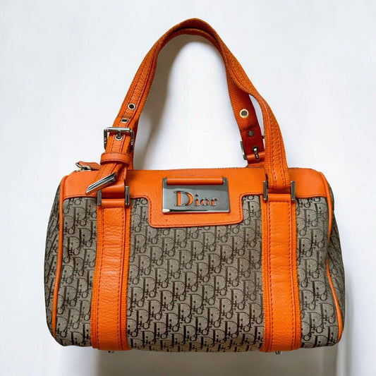 Christian Dior Orange & Brown Monogram Mini Boston Vintage Top Handle Bag