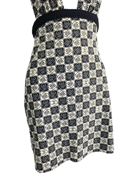 Chanel Black & Beige CC Camelia Print Vintage Mini Dress Size 38