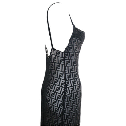 Fendi Vintage Black Sheer Zucca Monogram Maxi Dress Size M