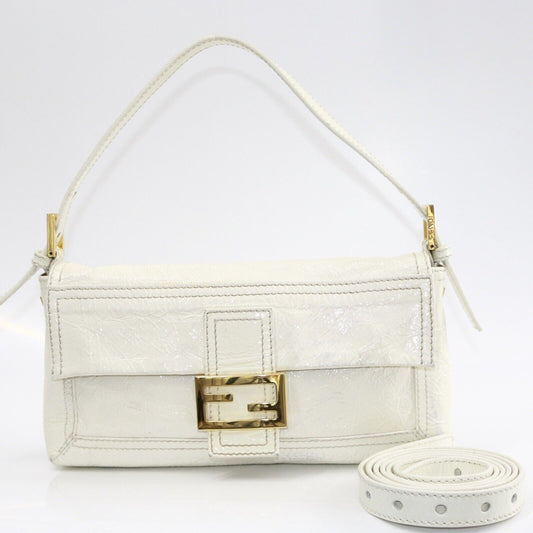 Fendi White & Gold Patent Leather Vintage Shoulder Baguette Bag